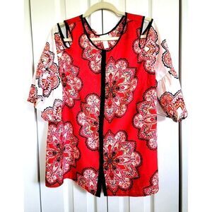 Chico's Blouse Lightweight Cold Shoulder Red Multi Geo SZ 2‎ Lg/XL Romantic